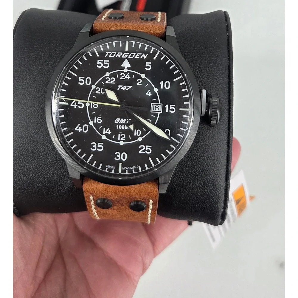 NWT Torgoen T47 Jumbo Black Sapphire‎ GMT 47mm, Brown Leather Strap Retail $325